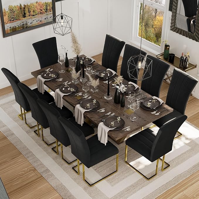 AUZ Dining Chairs Set of 4, Modern Luxury Black Velvet Upholstered Dining Chairs with High Back Design, Polished Gold Stainless Steel Sled Legs