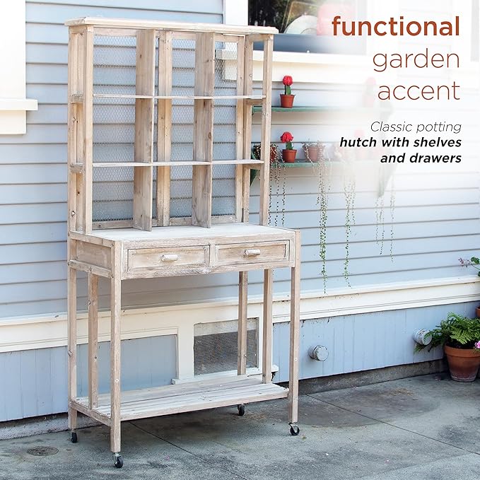 Alpine Corporation 67" Tall Indoor/Outdoor Rustic Wooden Potting Hutch with Shelves and Drawers