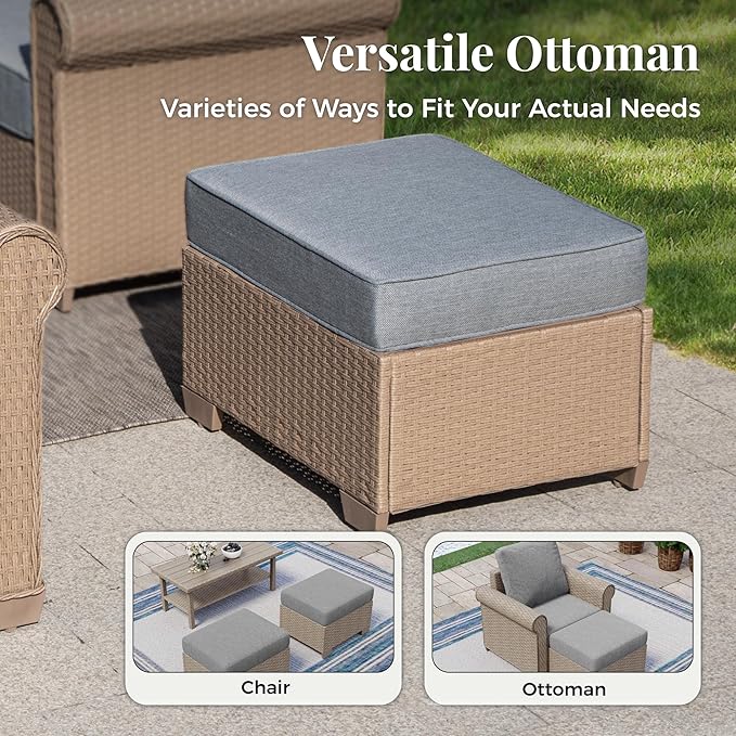 Patio Furniture Set 5 pcs, Wicker Outdoor Patio Furniture, 3-Seat Sofa, 2 Single Chairs and 2 Ottomans, Rattan Patio Conversation Set for Backyard Deck, Grey