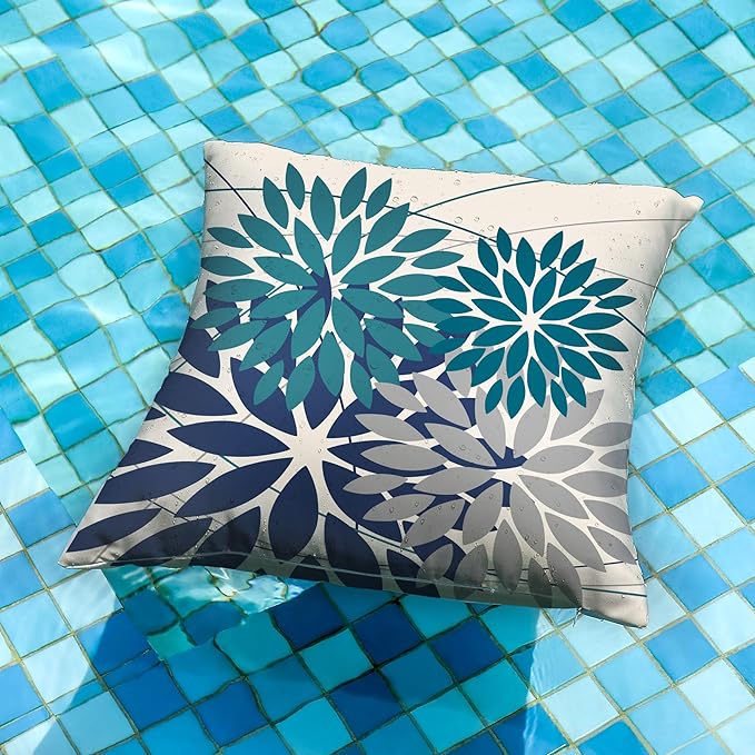 DFXSZ Outdoor Pillow Covers - 18x18 Inch Set of 2 Dark Blue Grey Flower Decorative Waterproof Summer Pillow Covers for Patio Furniture, Garden Couch