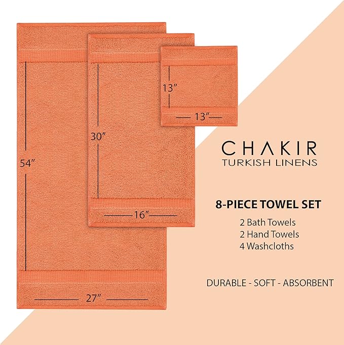 Chakir Turkish Linens | Hotel & Spa Quality 100% Cotton Premium Turkish Towels | Soft & Absorbent (8-Piece Towel Sets, Coral)