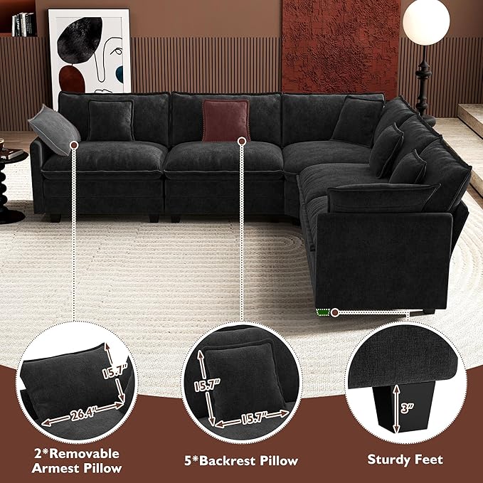 Ihanherry 114" V-Shaped Modern Sofa Modular Sectional Cloud Couch with Corner Section, 5-Seat Chenille Deep Seat Sofa with 5 Pillows for Living Room, Bedroom and Apartment, Black
