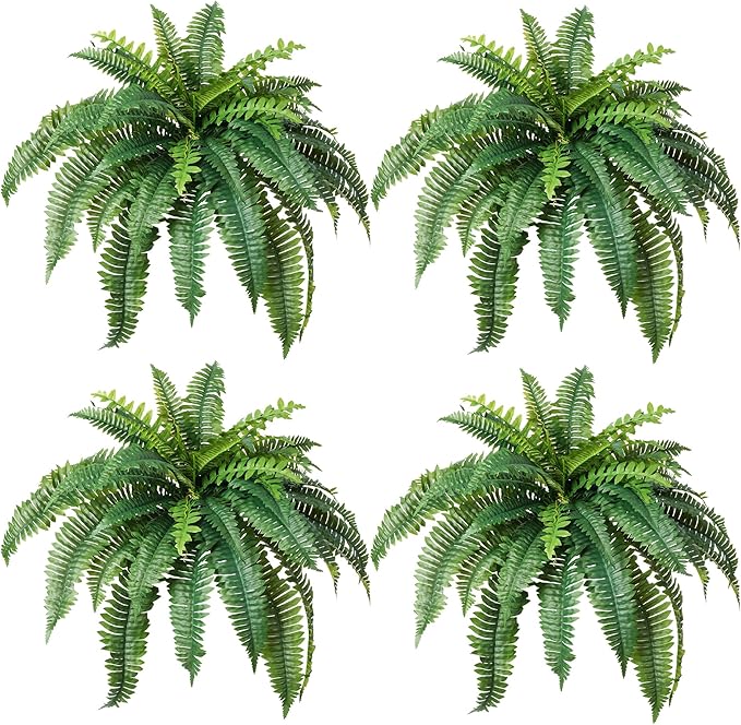Fake Ferns Artificial Ferns for Outdoors 4Pack Large Faux Ferns UV Resistance for Outdoor Large Planter Realistic Artificial Boston Fern Plants for Garden Balcony Terrace Decor，25.6In,38Leaves