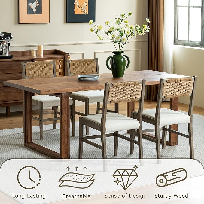 Chogori Wooden Dining Chairs, Modern Farmhouse Kitchen & Dining Room Accent Side Chairs with Woven Rope Back and Fabric Upholstered for Home, Living Room (Gray, Set of 4)