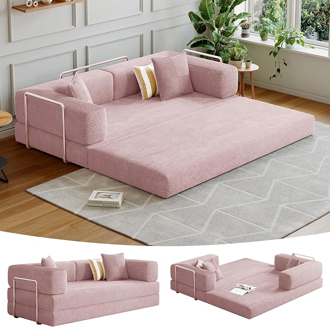 78.8''Convertible Sleeper Sofa Bed,Compressed Floor Boneless Couch,Modular Modern Corduroy Sofa for Living Room Bedroom -with Fixed-Shape Frame and Support Armrest,Easy Assembly(Pink)