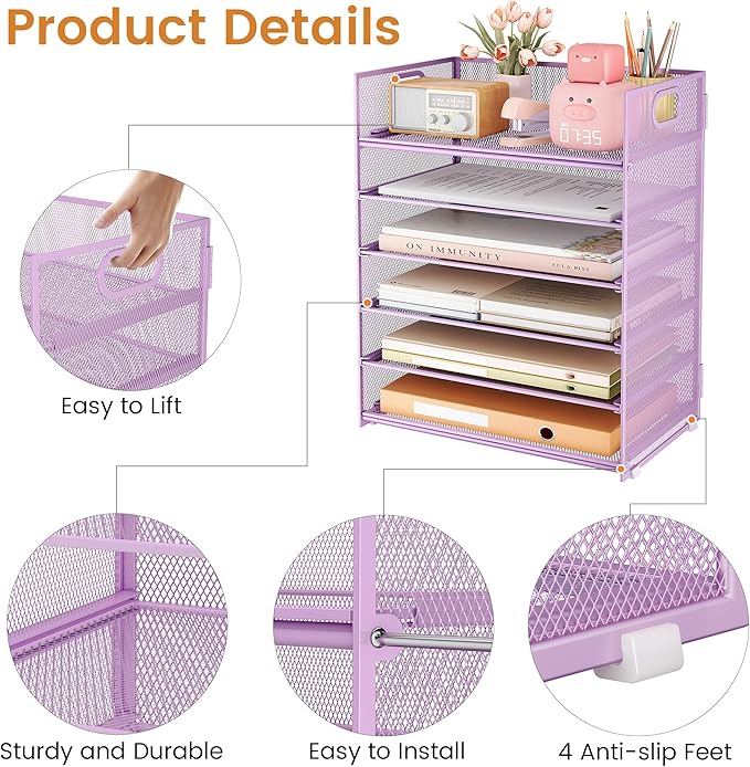 Subekyu 6 Tier Paper File Tray Organizer for Desk, Purple Mesh Desk Letter Paper File Folder Accessories Sorter Organizer with Handle, Stackable Slide Tray for Office, Home or School Supplies Storage