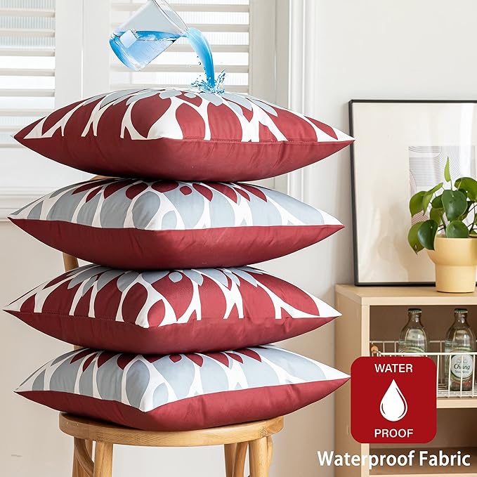 Qahing Pack of 4 Outdoor Waterproof Pillow Covers 22x22 Decorative Outdoor Throw Pillows Garden Square Cushion Cases for Patio Furniture, Couch, Tent Sunbrella, Bench, Burgundy Red Grey