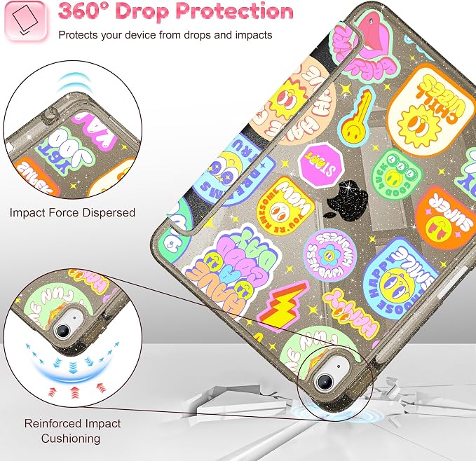 for iPad Air 11 inch M4/M3/M2 (2026/2025/2024) iPad Air 5th/4th Gen (2022/2020) 10.9 inch with Pencil Holder Glitter Clear Pretevtive Cover Auto Wake/Sleep Black Cartoon Stickers