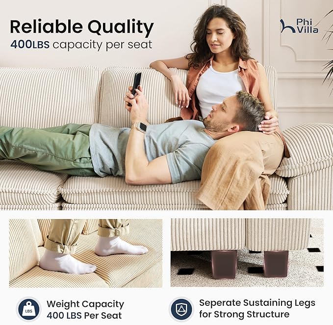 PHI VILLA Cloud Modular Couches Sets, 157.5" Sectional Sofa with Upholstered Deep Seat, 4-Seater Long Couches for Living Room Apartment, Corduroy Fabric, Beige