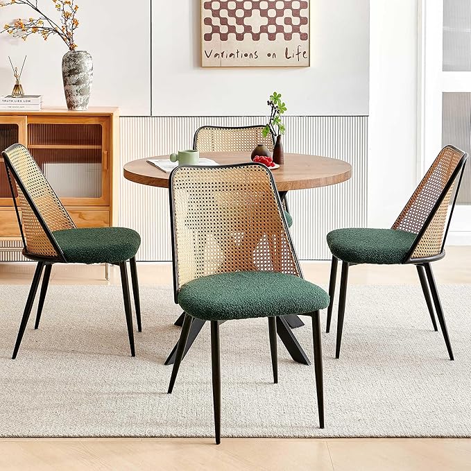 NORDICANA Dining Table Set for 4, Wooden Round Table and Wicker Chairs, 5-Piece Modern Kitchen Dinette Set for Breakfast Nook, Green Boucle Seat