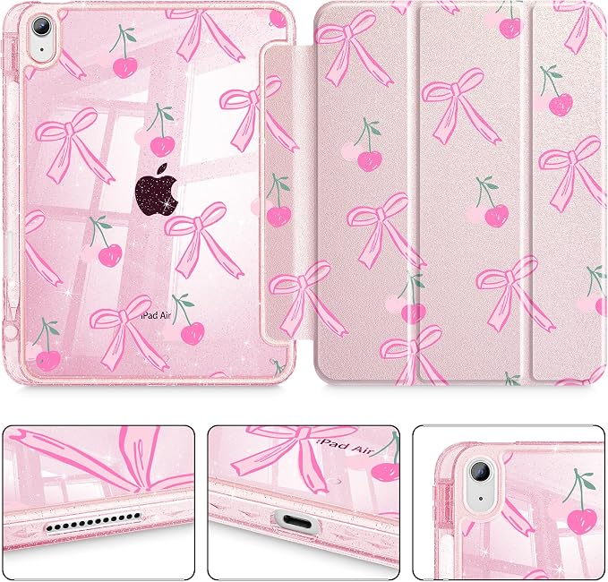 for iPad Air 11 inch M4/M3/M2 (2026/2025/2024) iPad Air 5th/4th Gen (2022/2020) 10.9 inch with Pencil Holder Glitter Clear Pretevtive Cover Auto Wake/Sleep Black Cartoon Stickers