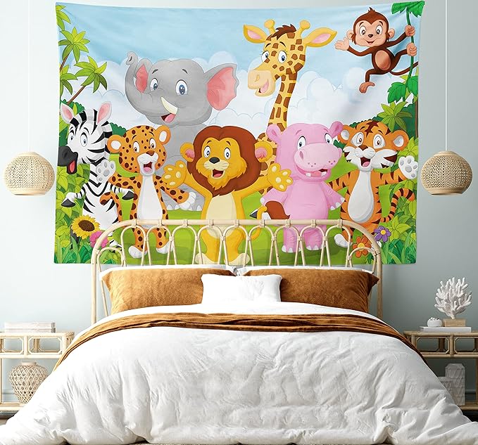 Ambesonne Cartoon Tapestry, Comic Savannah Animals Playful Friendly Savannah Jungle Happy Wildlife Nature, Fabric Wall Hanging Decor for Bedroom Living Room Dorm, 28" X 23", Green Brown