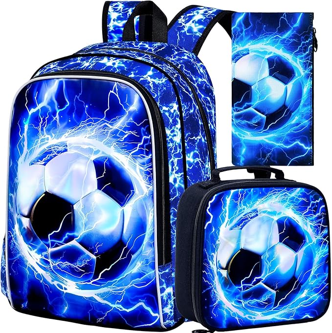 KLFVB 3PCS Kids Backpack, 17" Boys Football Bookbag and Lunch Box, Water Resistant Teenagers School Backpacks for Middle Elementary - Lightning Soccer