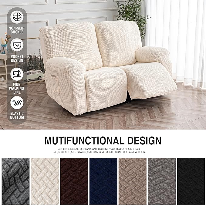Genina Recliner Loveseat Cover Stretch Couch Covers Sofa slipcover for 2 Seat Reclining Couch Thick Jacquard Furniture Protector (Beige)