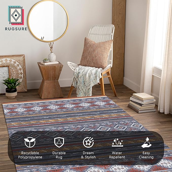 RUGSURE Washable Area Rugs 9' x 12' - 1/6 Thick - Moroccan-Inspired -Stain & Water Resistant Non-Slip - Resistant Rug for Living Room, Bedroom, Nursery, Pet & Child Friendly (Blue and Red)