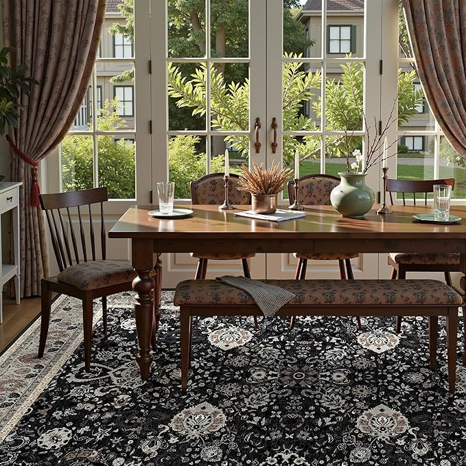 Blcak 8x10 Vintage Rugs for Living Room, Washable Rugs Non Slip Large Area Rug for Bedroom Dining Room Office, Floor Decoration Big Rug Carpet Low-Pile Kid & Pet Friendly(Blcak Navy Multi