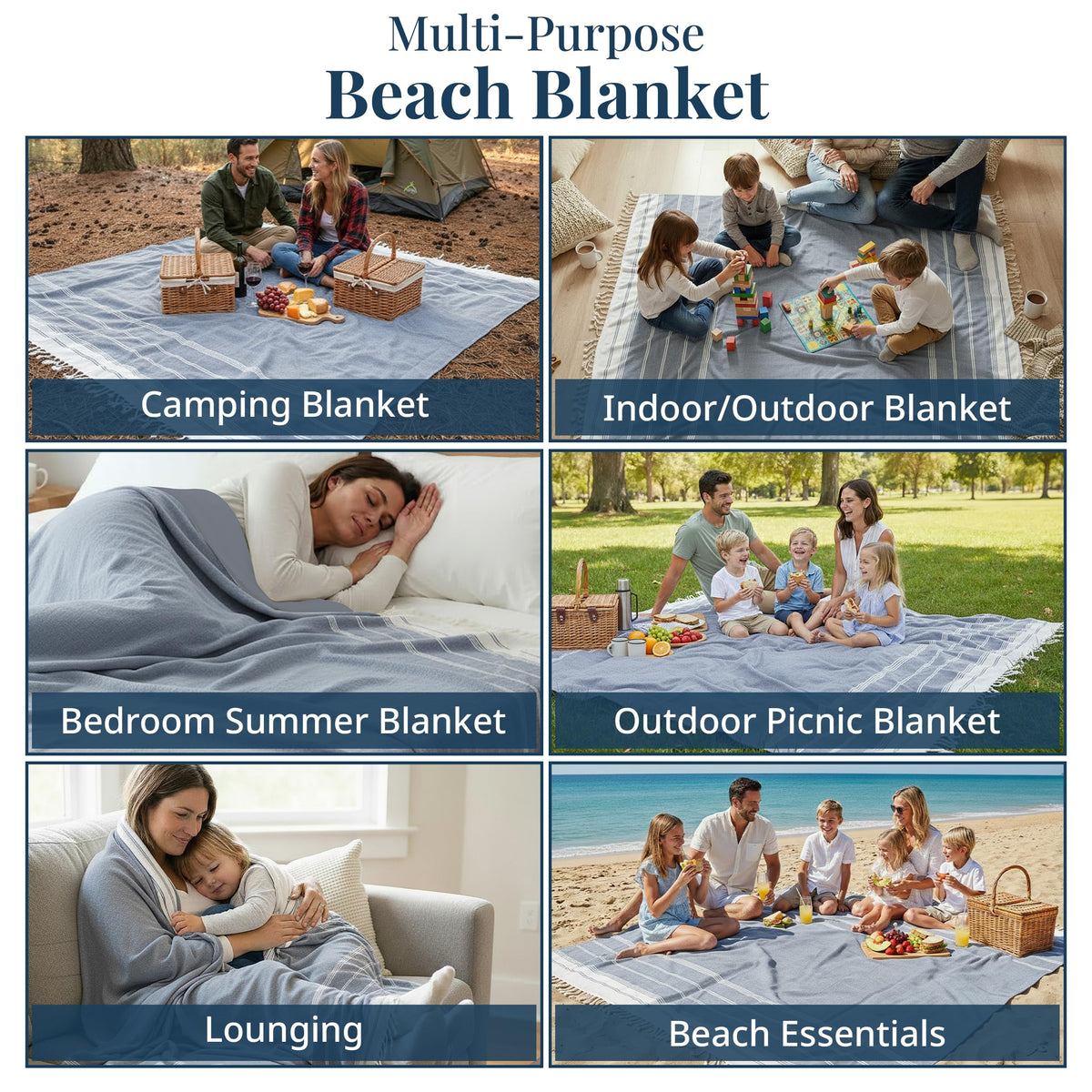 LANE LINEN Beach Blanket Sand Free, Soft & Large Beach Towel - Navy Blazer