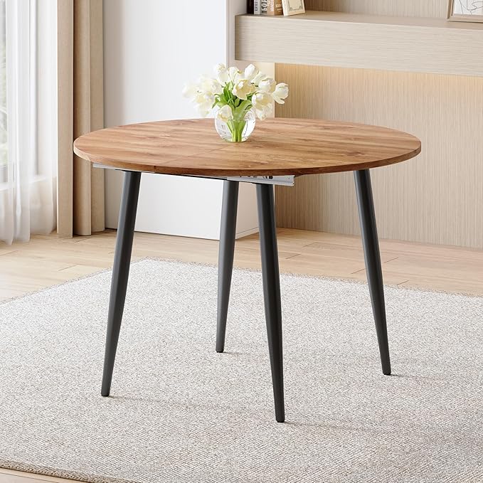 42" Round Dining Table for 4, 54" Oval Dining Table for 6, Extendable Kitchen & Dining Room Table with Metal Legs, Modern Rustic Space-Saving Adjustable Shape Dinner Table, Easy Assembly,White