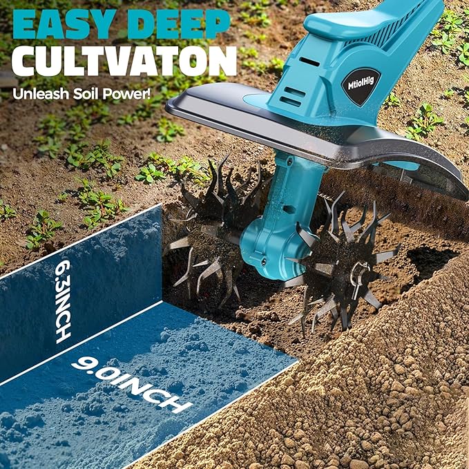 Cordless Tiller Cultivator Compatible with Makita 18V: MtiolHig Tiller for Gardening 360RPM Electric Garden Tiller, Brushless Rototiller 9" Width 6.3" Depth for Lawn/Soil Cultivation (No Battery)