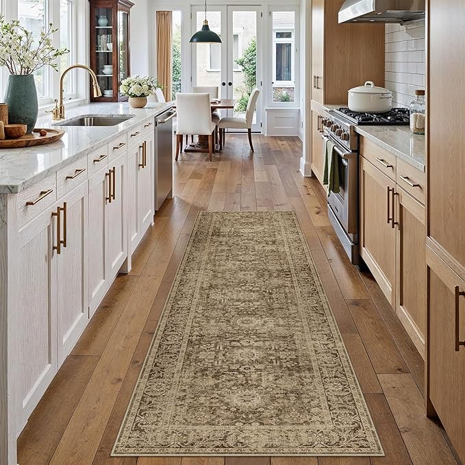 Brown 2x6 Runner Rug Hallway Non Slip Kitchen Vintage Distressed Long Carpet Indoor Machine Washable Traditional Floral Bedroom Accent Throw Rug for Office Laundry Bathroom Dining Living Room