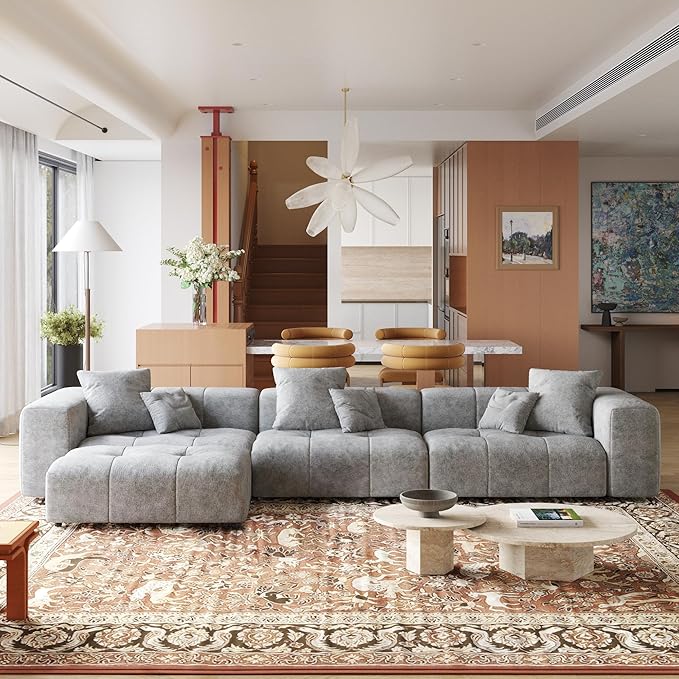 JACH 144.1 Inch L-Shaped Modular Sofas, Modern 3-Seater Couch with Chaise Ottoman, Mid Century Modern Sectional Couches, Cozy Sleeper Sofa for Apartment/Living Room (Linen Fabric, Grey)