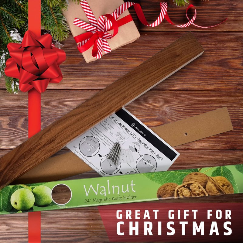 Premium 24 Inch (Large Size) Dark Walnut Wood Magnetic Knife Holder – Professional Wooden Magnetic Knife Strip - Space-Saving Knife Rack/Knife Bar With Powerful Magnetic Pull Force (Upgraded Version)