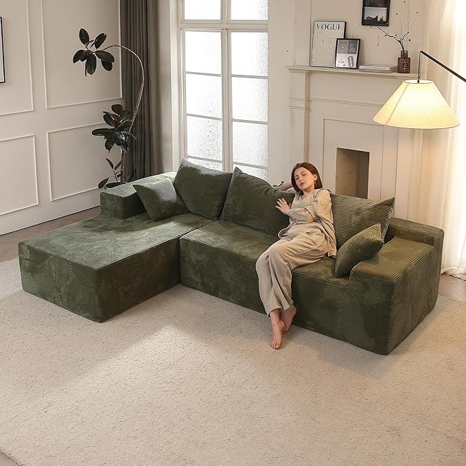 Green Sectional Couches for Living Room, Boneless Couch with L-Shape Chaise, Modular Sofa in Box with Deep Seat, No Assembly Required