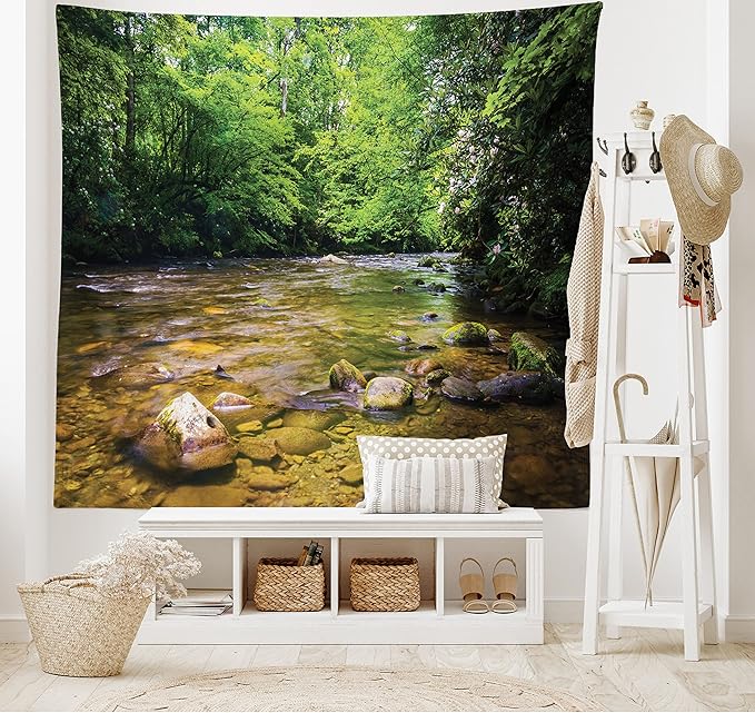 Ambesonne Appalachian Tapestry, Oconaluftee River at Smoky Mountains National Park, Fabric Wall Hanging Decor for Bedroom Living Room Dorm, 28" X 23", Lime Green Charcoal Grey