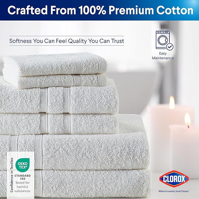 CLOROX Bleach Friendly, Quick Dry, 100% Cotton Washcloths (12" x 12"), Highly Absorbent Soft Lightweight, Ideal for Everyday Use, Easy to Wash (12 Pack, White)
