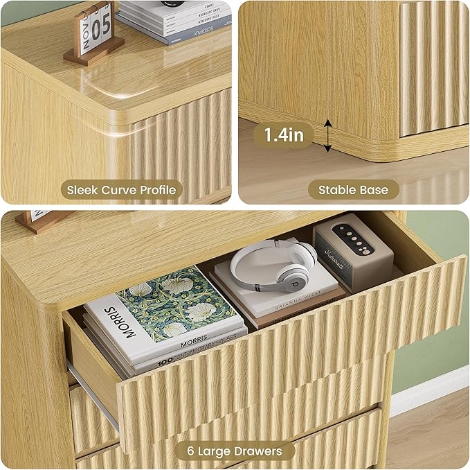 Fluted 6 Drawers Dresser for Bedroom, 56" Tall Modern Chest of Drawers with Curved Profile, Wooden Dressers Drawer Closet Clothes Storage Organizer for Living Room, Hallway, Natural