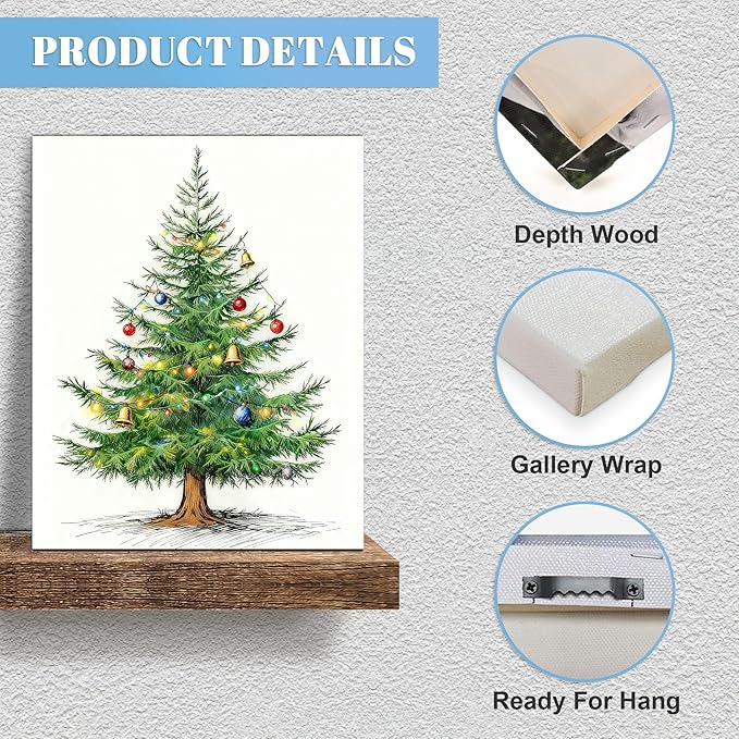 Framed Christmas Pictures Wall Decor,Vintage Pine Tree Prints,Winter Christmas Canvas Wall Art Decoration for Bedroom Bathroom Living Room Rustic Xmas Holiday Gifts (Christmas Tree 4, 11'' X 14'')