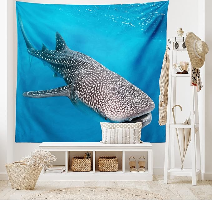 Ambesonne Sea Animals Tapestry, Whale Shark Swimming Predators Hunter Clear Water Under the Sea Picture Print, Fabric Wall Hanging Decor for Bedroom Living Room Dorm, 45" X 30", Dimgray Blue