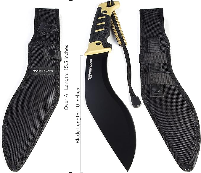 WEYLAND Kukri Machete Knife with Tactical MOLLE Sheath - Fixed Full Tang Steel Blade Machete for Cutting Trees Heavy Duty for Clearing Brush, Yard Work, Gardening, Camping and Hiking