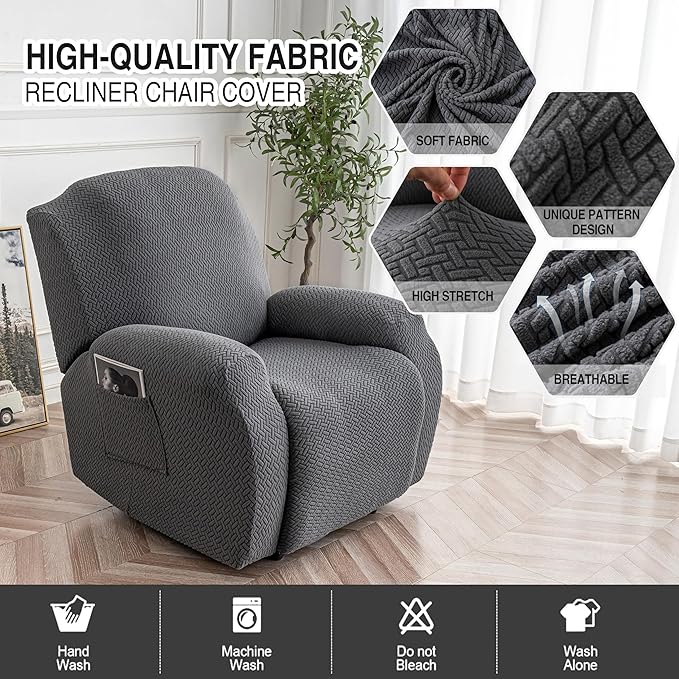 Genina Recliner Chair Cover, Stretch Reclining Chair Covers, Recliner Sofa Slipcovers Stripe Jacquard Lazy Couch Covers Furniture Protector Covers for Pet Kid (1 Seater, Dark Gray)