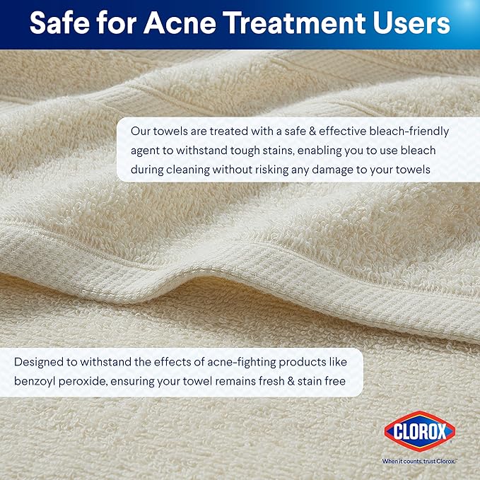 CLOROX Bleach Friendly Towel Set, Quick Dry 100% Cotton Highly Absorbent Lightweight, 2 Bath, 2 Hand, 2 Washcloth Towels Ideal for Everyday Use (6 Pack, Ivory)