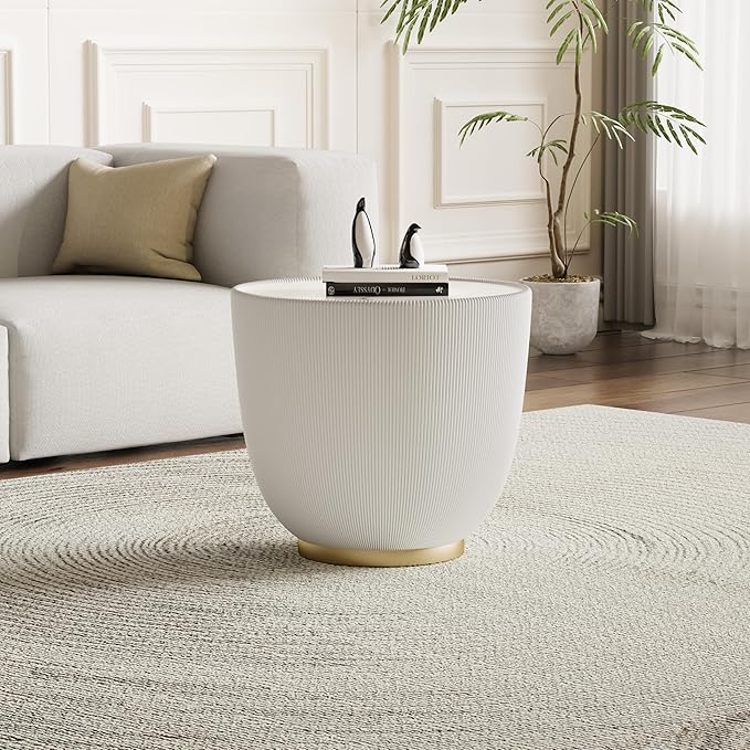 Round Coffee Table Set with Sintered Stone Tabletop, 27.56" Grey Drum Center Table and 19.69" White Coffee Table Set, 2 Pieces Living Room Table Set with Fluted PU Leather Cover& Metal Base