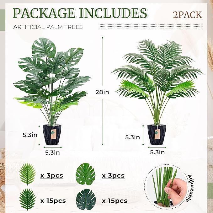 Der Rose 2Packs 28'' Fake Palm Tree Large and Artificial Monstera Plants Outdoor for Home Living Room Porch Balcony Garden Decor Indoor