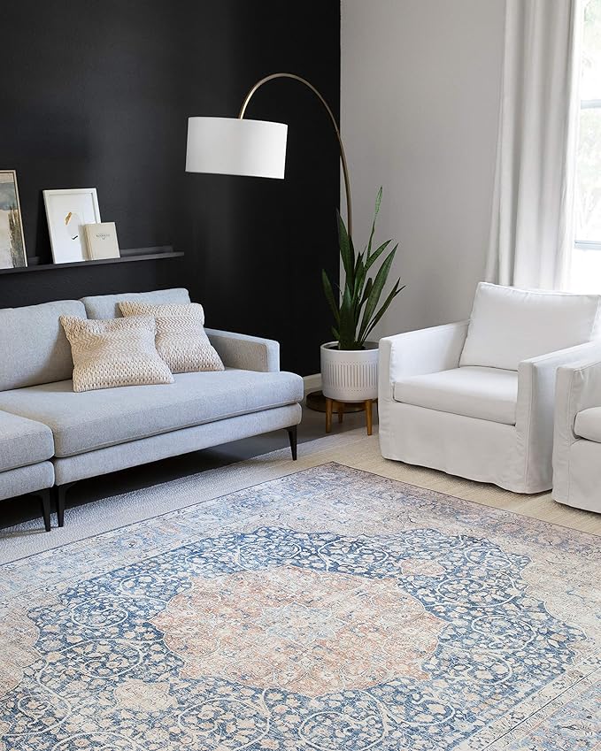 Loloi Layla Collection LAY-07 Blue/Tangerine 2'-0" x 5'-0" .13" Thick Accent Rug, Soft, Durable, Vintage Inspired, Distressed, Low Pile, Non-Shedding, Easy Clean, Printed, Living Room Rug