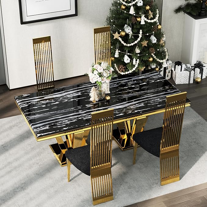 Luxury Black and Gold Dining Chairs, Upholstered Dining Room Chairs with Polished Metal Legs and Backrest, Set of 8