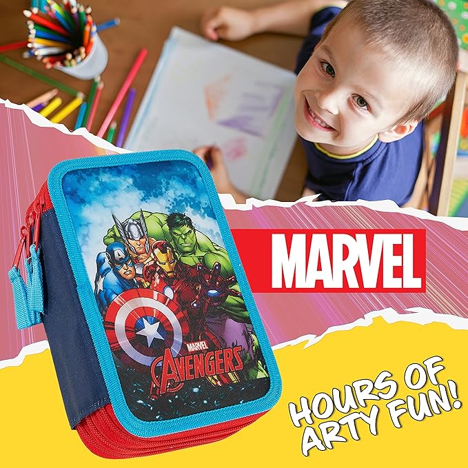 Marvel Boy's Pencil Case, Pencil Case with Compartments Filled School Supplies, Felt, Coloured Pencil, Spiderman Avengers Back to School Gift