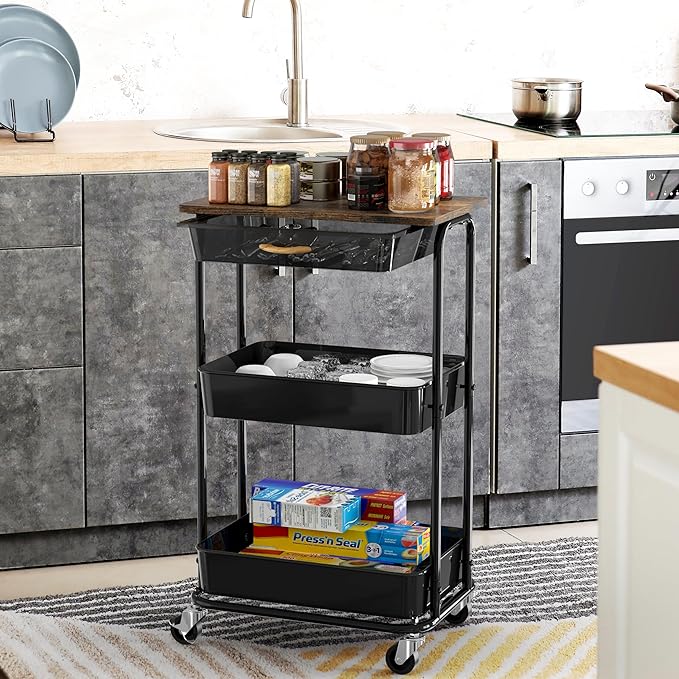 Simple Houseware 3-Tier Rolling Utility Cart with Drawer & Wood Tabletop - Mobile Sofa Side Table, Nightstand, Slim Storage Organizer Trolley for Bedroom, Bathroom, Office & Art Supplies, Rustic Brown