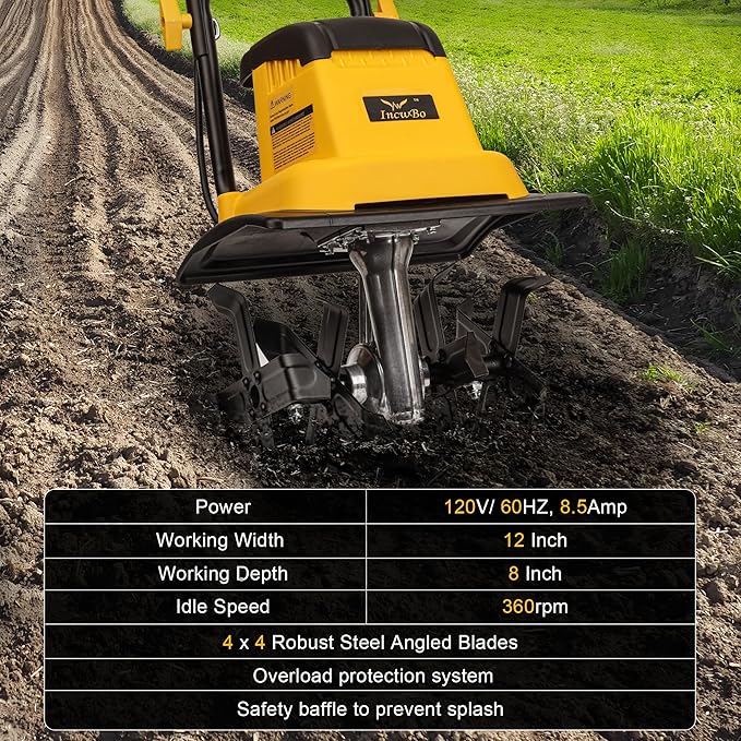 8.5AMP 12Inch Corded Tiller Cultivator 8-inch Depth Rototillers for Gardening, 360RPM Electric Garden Tiller with LT-201D Socket