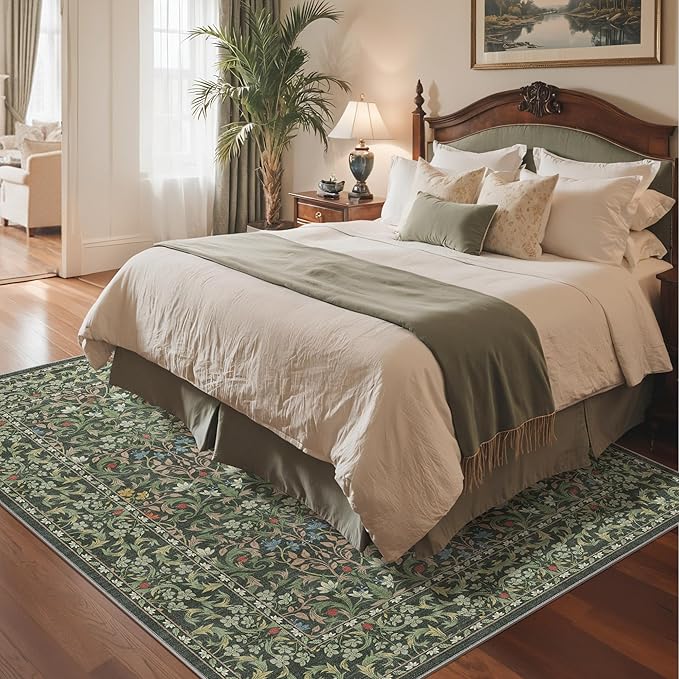 GENIMO 6x9 Washable Area Rug, Non-Slip Vintage Boho Floral Carpet, Soft Low-Pile Thin Living Room Rug for Bedroom, Dining Room, Nursery, Emerald Green