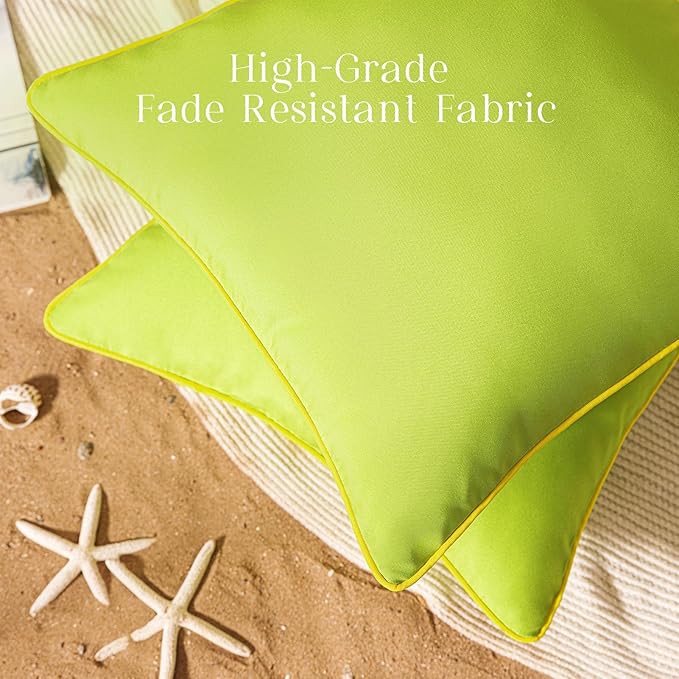 Phantoscope Pack of 2 Outdoor Waterproof Throw Pillow Covers with Contrast Piping, Decorative Square Cushion Case Patio Pillows for Couch Tent Sunbrella, Lime Green 12x20 inches