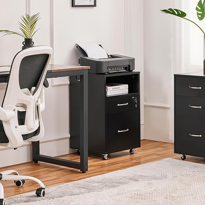 Yaheetech File Cabinet, Under Desk Vertical Cabinet with 2 Drawers and Open Compartment, Printer Stand with Lockable Wheels for A4 Letter Size Hangable File Folders for Home Office(Black)
