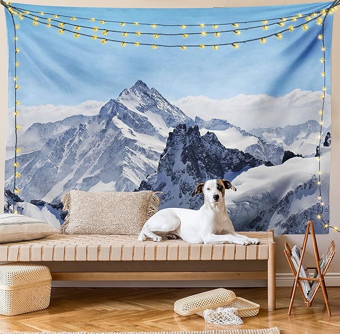 Ambesonne Winter Tapestry, Snowy Rocky Mountain Peaks Tops Scene High Lands ICY Frozen Swiss Outdoor Art, Fabric Wall Hanging Decor for Bedroom Living Room Dorm, 45" X 30", Blue and White