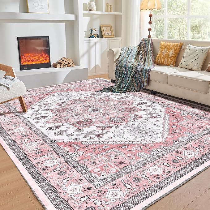 OPPODREAM Thin 8x10 Area Rugs, Washable Rugs 8x10 with Non Slip Backing, Faux Cashmere Low-Pile 8 x 10 Carpet, Pink & Cream