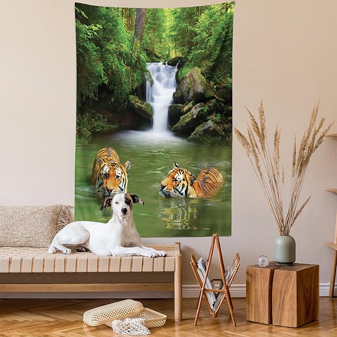 Ambesonne Savannah Tapestry, Siberian Tigers in Water Waterfall Pool Woodland Swimming Natural, Fabric Wall Hanging Decor for Bedroom Living Room Dorm, 30" X 45", Reseda Green Orange
