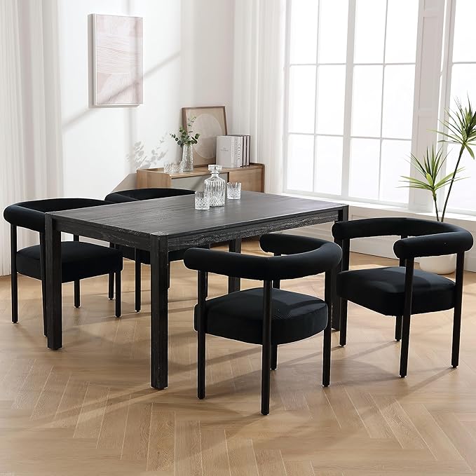 Black Velvet Dining Chairs Set of 4, Modern Upholstered With Curved Backrest, Kitchen and Dining Room Accent Arm Chairs With Black Wood Legs