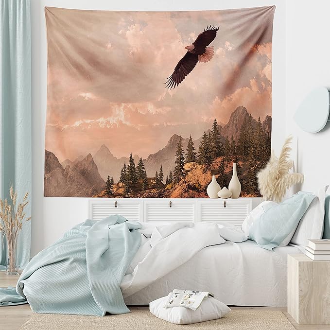 Ambesonne Eagle Tapestry King Size, Nature Photography of Rocky Mountains and Forest a Bird Flying over It, Wall Hanging Bedspread Bed Cover Wall Decor, 104" X 88", Rose Green